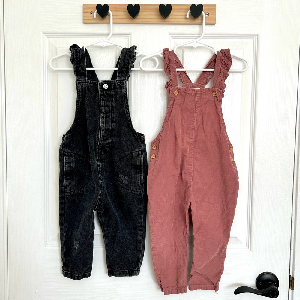 Zara Mango MNG Baby Girl Overalls Black Denim Pink Corduroy 12-18 Mo